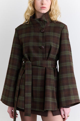 Wide Sleeve Belted Jacket Plaid