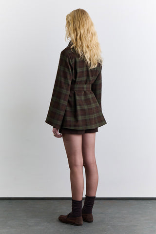 Wide Sleeve Belted Jacket Plaid
