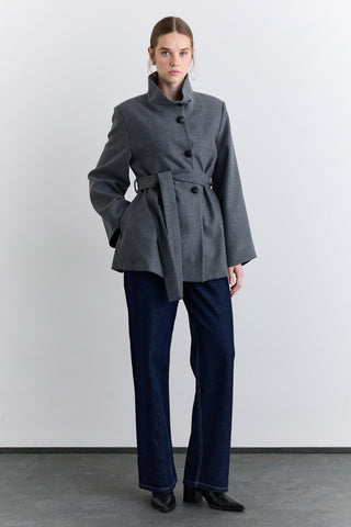 Wide Sleeve Belted Jacket Grey
