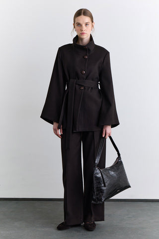 Wide Sleeve Belted Jacket Brown