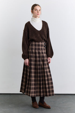 Pleated Belted Checked Skirt Brown