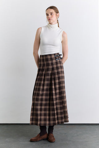 Pleated Belted Checked Skirt Brown