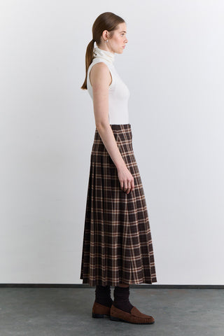 Pleated Belted Checked Skirt Brown