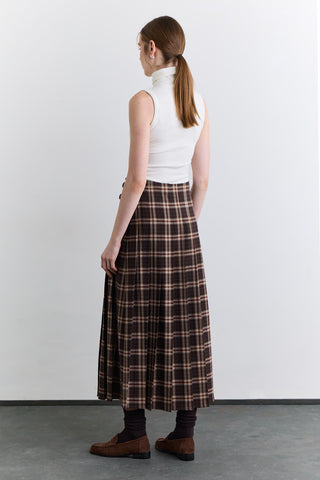 Pleated Belted Checked Skirt Brown