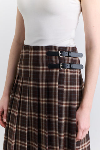 Pleated Belted Checked Skirt Brown