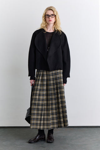 Pleated Belted Checked Skirt Camel