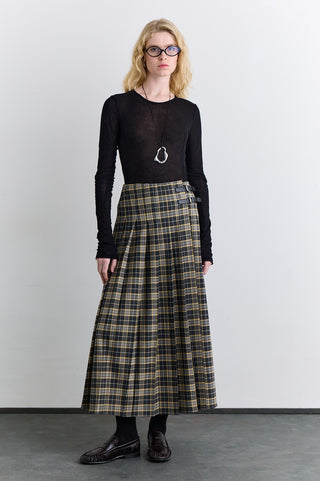 Pleated Belted Checked Skirt Camel