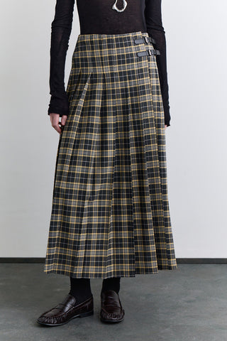 Pleated Belted Checked Skirt Camel