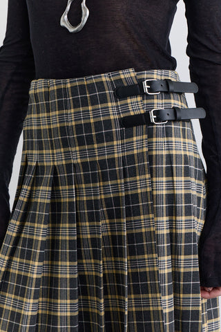 Pleated Belted Checked Skirt Camel