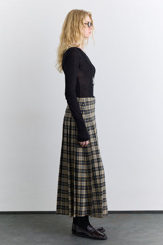 Pleated Belted Checked Skirt Camel