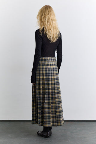 Pleated Belted Checked Skirt Camel