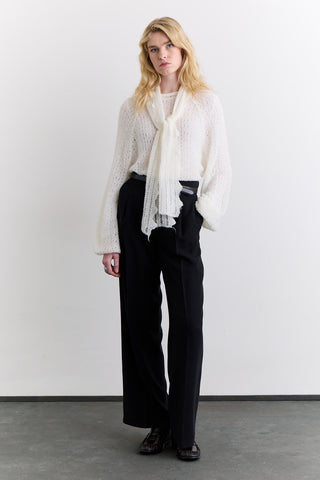 Tie Neck Pointelle Sweater Ecru