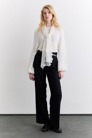Tie Neck Pointelle Sweater Ecru