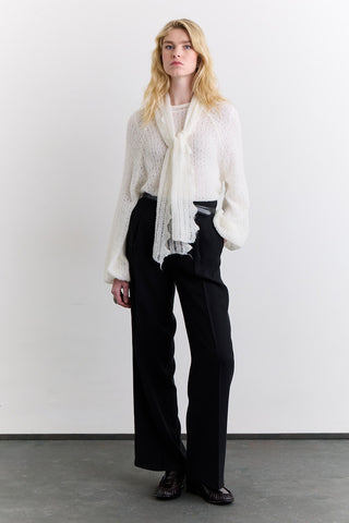 Tie Neck Pointelle Sweater Ecru