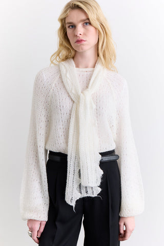 Tie Neck Pointelle Sweater Ecru