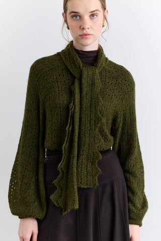 Tie Neck Pointelle Sweater Green
