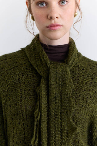 Tie Neck Pointelle Sweater Green
