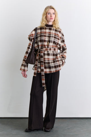 Checked Poncho With Scarf Detail Brown