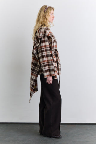 Checked Poncho With Scarf Detail Brown