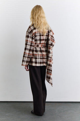 Checked Poncho With Scarf Detail Brown
