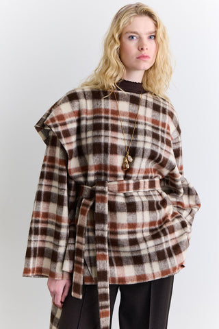 Checked Poncho With Scarf Detail Brown