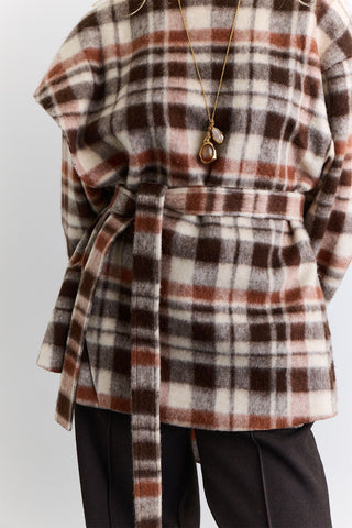 Checked Poncho With Scarf Detail Brown