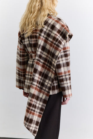 Checked Poncho With Scarf Detail Brown