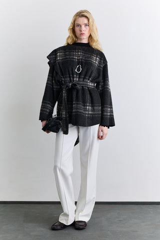 Checked Poncho With Scarf Detail Anthracite