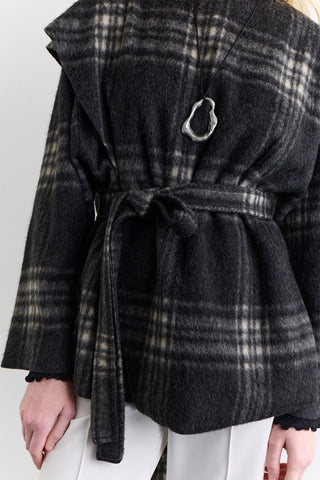 Checked Poncho With Scarf Detail Anthracite