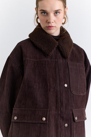Natural Coat With Fur Collar Brown