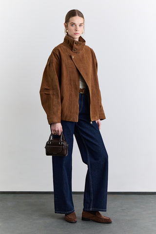 High Neck Flocked Jacket Camel