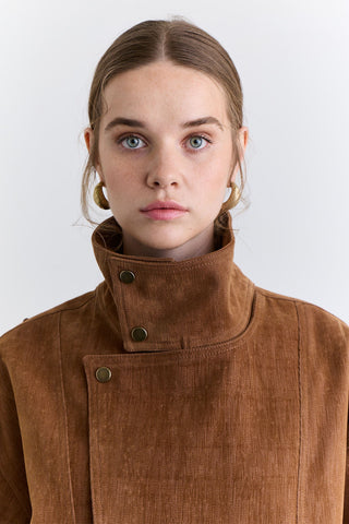 High Neck Flocked Jacket Camel
