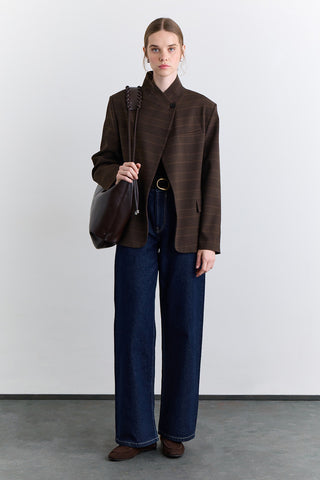 High Neck Blazer Jacket Plaid