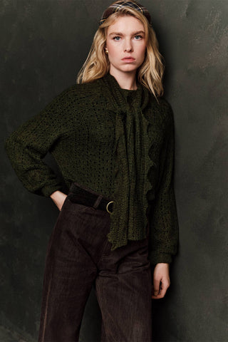 Tie Neck Pointelle Sweater Green