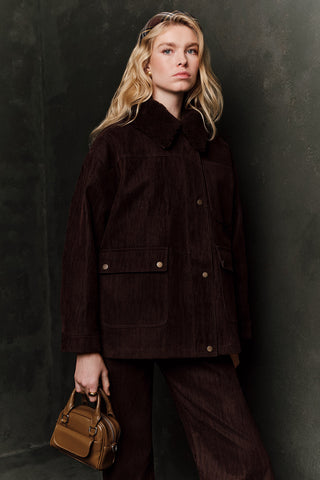 Natural Coat With Fur Collar Brown