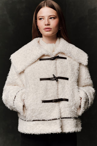 Short Faux Fur Buttoned Coat Ecru