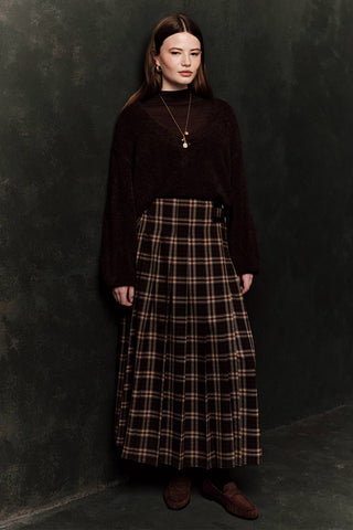 Pleated Belted Checked Skirt Brown