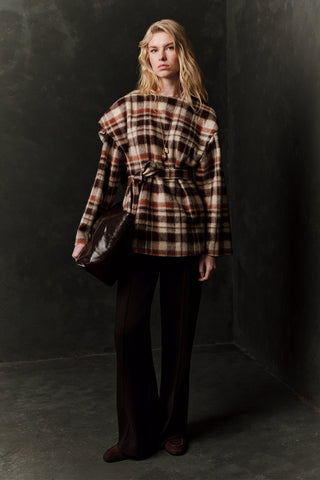 Checked Poncho With Scarf Detail Brown