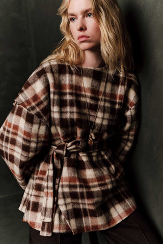 Checked Poncho With Scarf Detail Brown