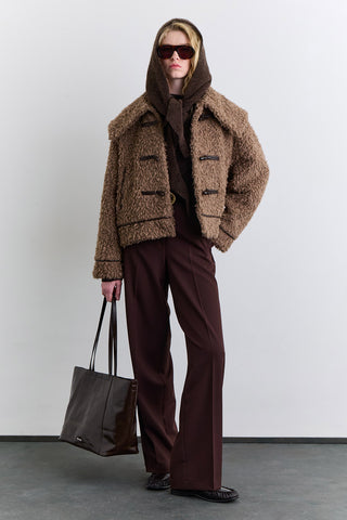 Short Faux Fur Buttoned Coat Brown