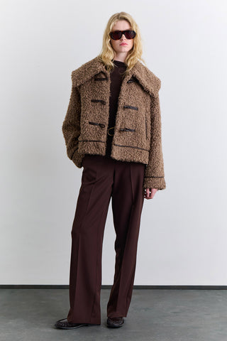 Short Faux Fur Buttoned Coat Brown