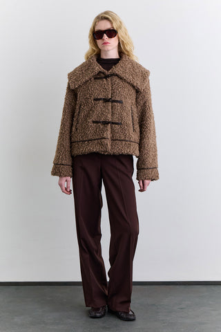 Short Faux Fur Buttoned Coat Brown