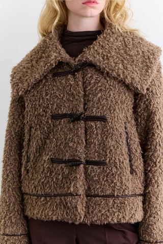 Short Faux Fur Buttoned Coat Brown