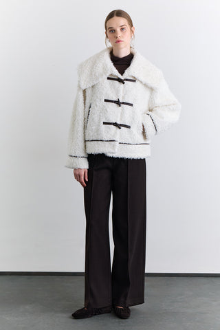 Short Faux Fur Buttoned Coat Ecru