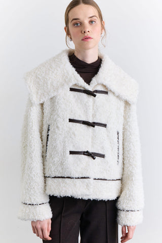 Short Faux Fur Buttoned Coat Ecru