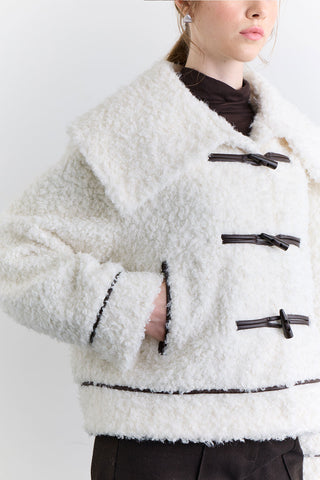 Short Faux Fur Buttoned Coat Ecru