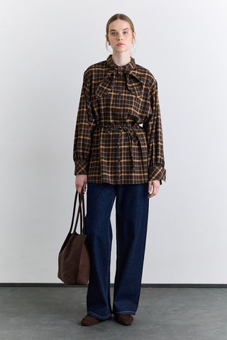 Checked Tie Front Shirt Brown