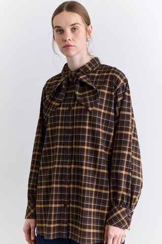 Checked Tie Front Shirt Brown