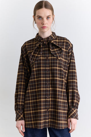 Checked Tie Front Shirt Brown