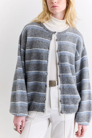 Soft Touch Buttoned Cardigan Grey Striped